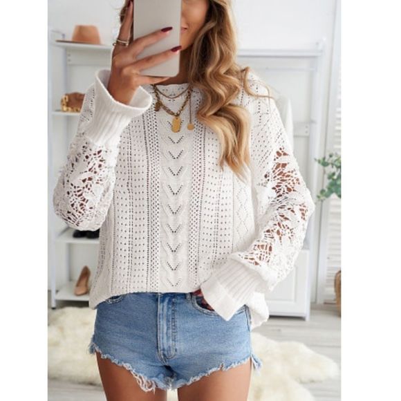 Crochet Lace Pointelle Knit Sweater - Picture 2 of 6